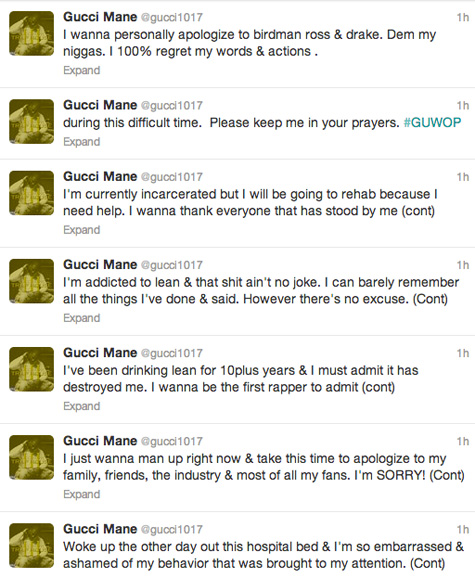 Gucci Mane s'excuce pour ses tweets et avoue son addiction à la Codéine